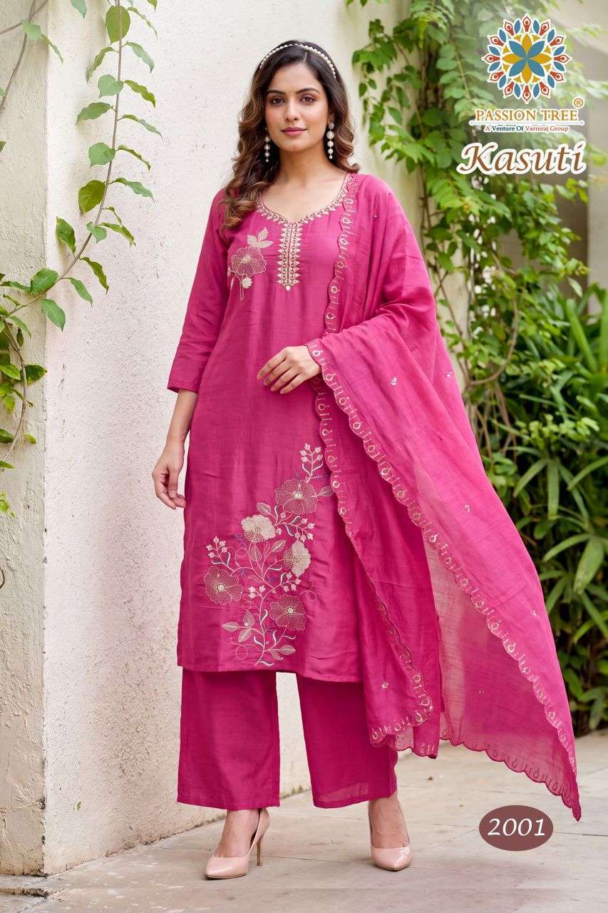 KASUTI VOL-2 SERIES 2001 TO 2006 BY PASSION TREE DESIGNER BEADS EMBROIDERY WORK MUL CHANDERI TOP WITH BOTTOM AND DUPATTA ARE AVAILABLE AT WHOLESALE PRICE