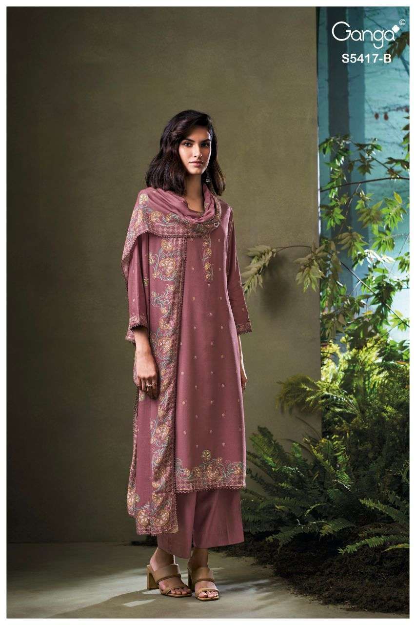 KENESI SERIES 5417 BY GANGA DESIGNER PRINTED WITH HAND WORK AND SCHIFFLI EMBROIDERY WORK WOOL PASHMINA SUITS ARE AVAILABLE AT WHOLESALE PRICE