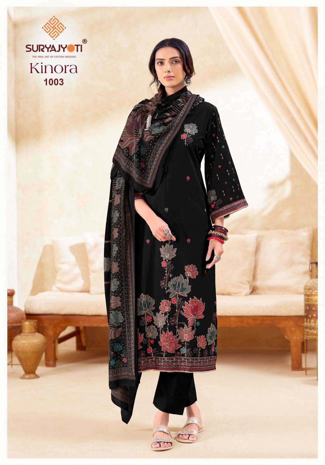 KINORA VOL-1 SERIES 1001 TO 1006 BY SURYAJYOTI DESIGNER DISCHARGE PRINT AND FOIL PRINT JAM SATIN SUITS ARE AVAILABLE AT WHOLESALE PRICE
