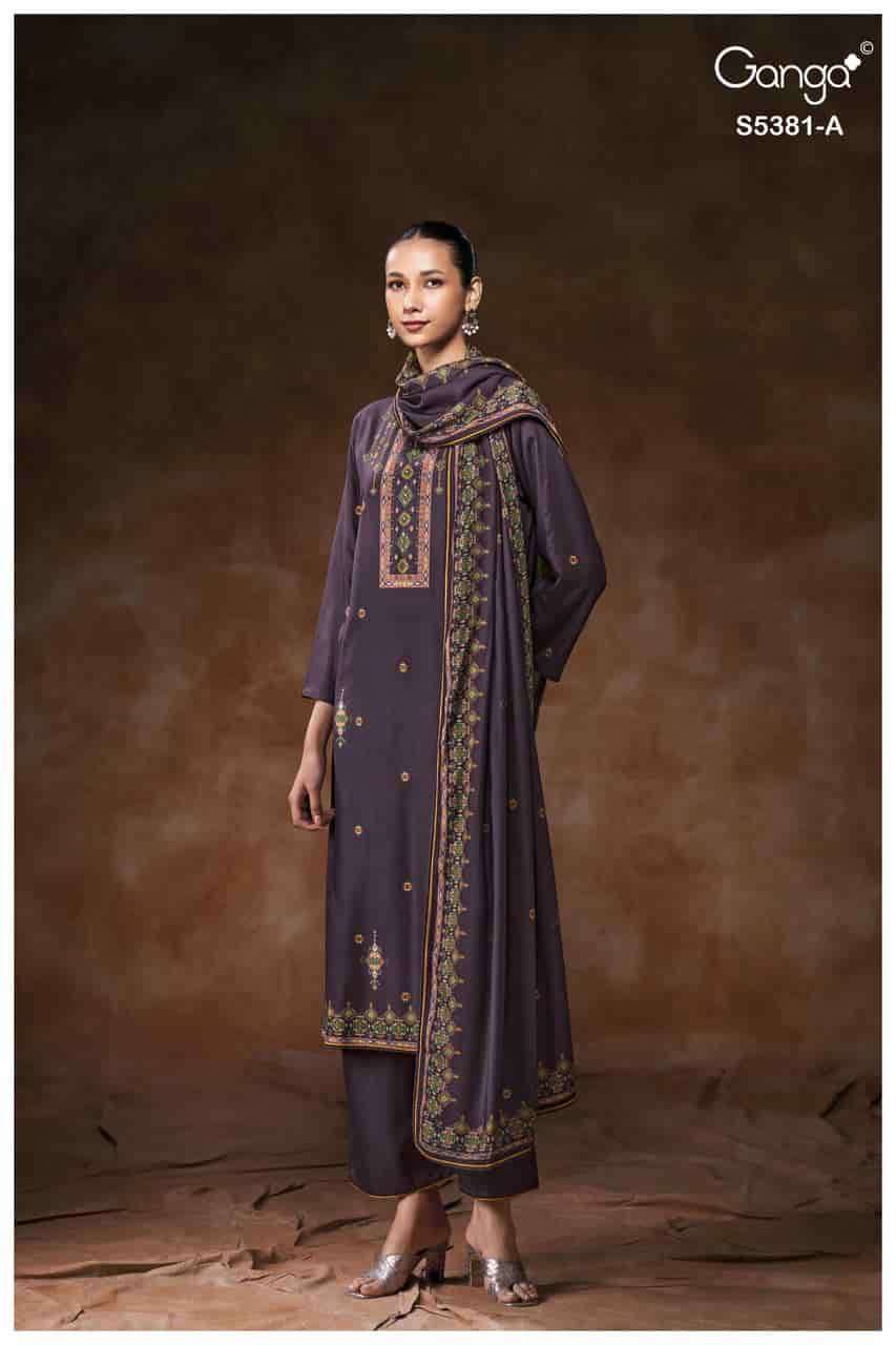 KIVARA SERIES 5381 BY GANGA DESIGNER PRINTED WITH HAND WORK AND SCHIFFLI EMBROIDERY WORK WOOL PASHMINA SUITS ARE AVAILABLE AT WHOLESALE PRICE