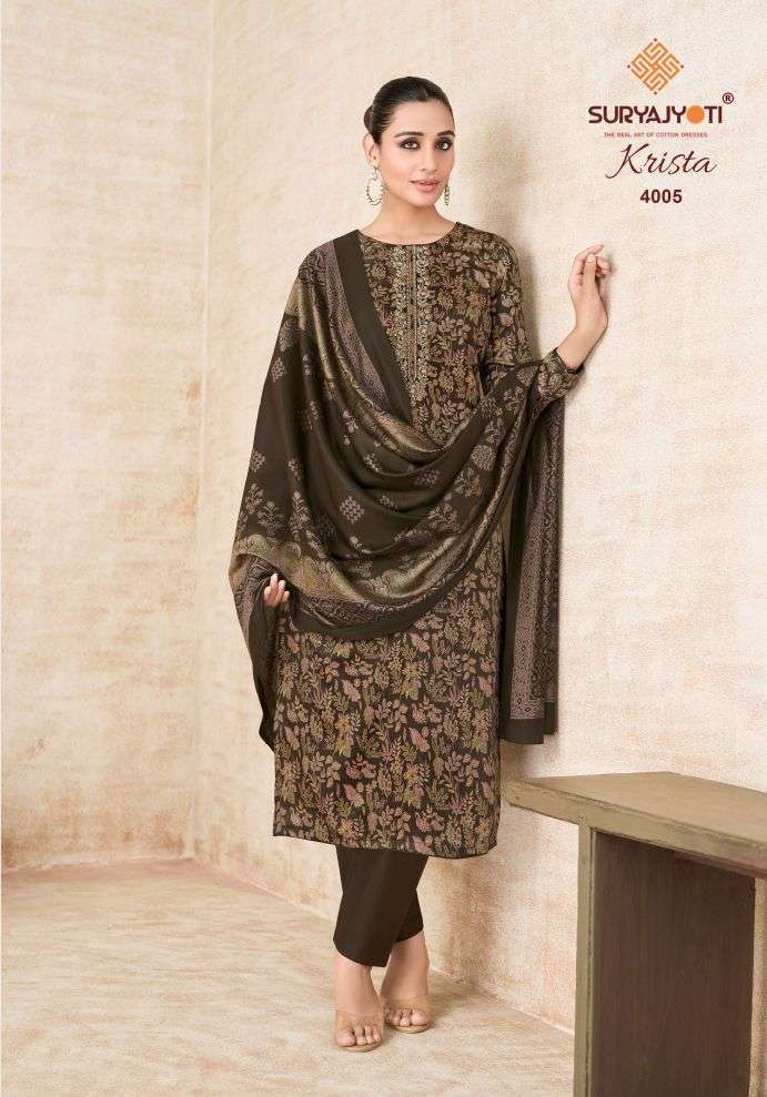 KRISTA VOL-4 SERIES 4001 TO 4006 BY SURYAJYOTI DESIGNER DISCHARGE PRINTED AND BEADS HAND WORK JAM SATIN SUITS ARE AVAILABLE AT WHOLESALE PRICE