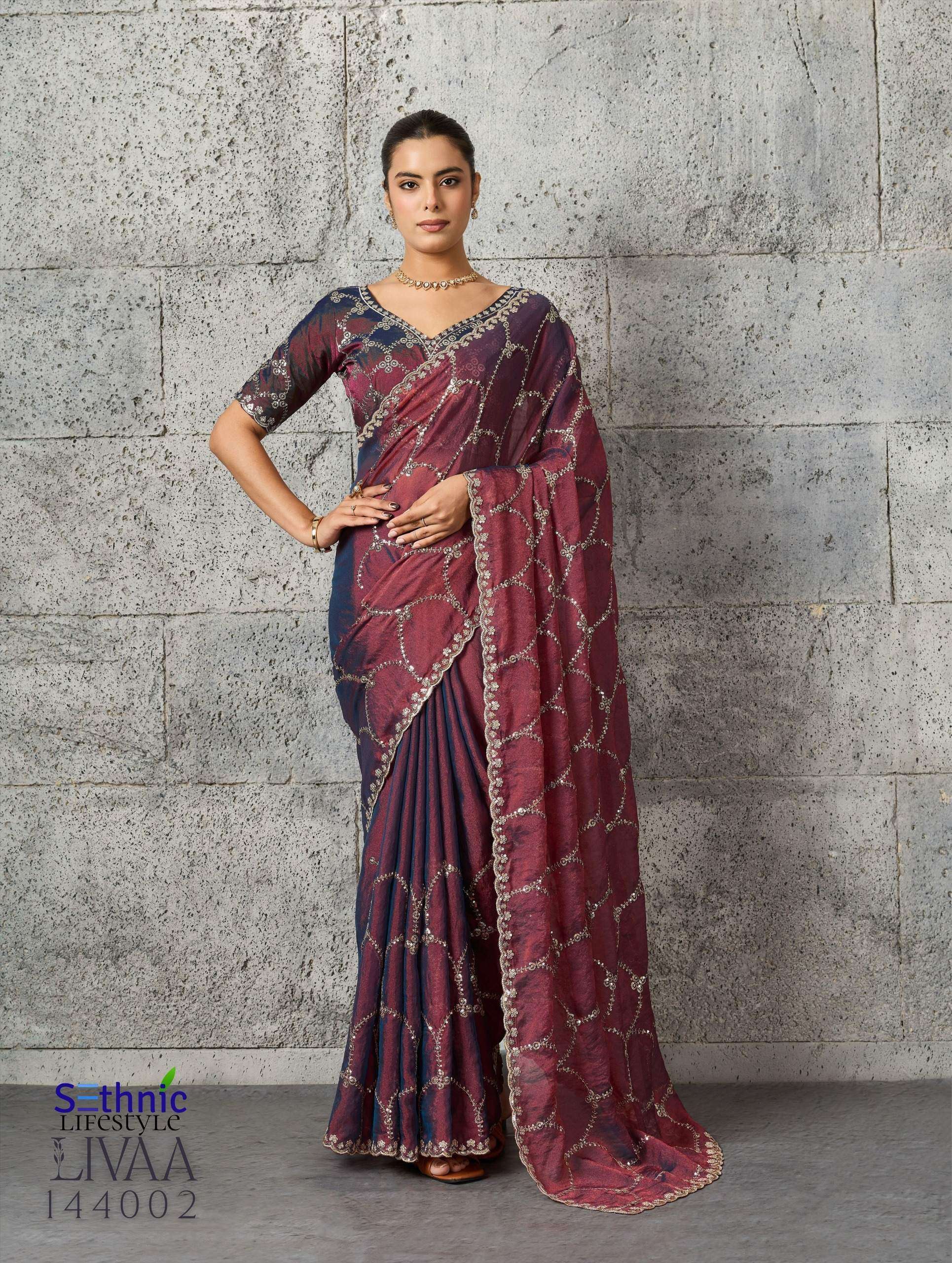 LIVAA SERIES 144001 TO 144004 SAREE BY SETHNIC DESIGNER ZARI WITH SEQUENCE AND EMBROIDERY WORK MOSS CHIFFON SAREE ARE AVAILABLE AT WHOLESALE PRICE