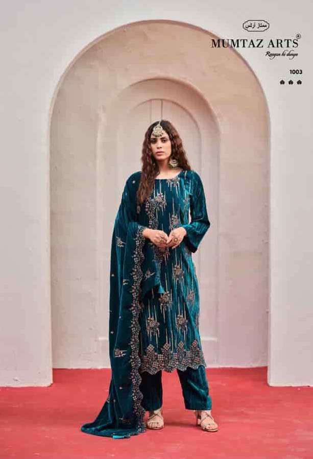 MAAHI SERIES 1001 TO 1004 BY MUMTAZ ARTS DESIGNER EMBROIDERY WORK CRUSH VELVET SUITS ARE AVAILABLE AT WHOLESALE PRICE