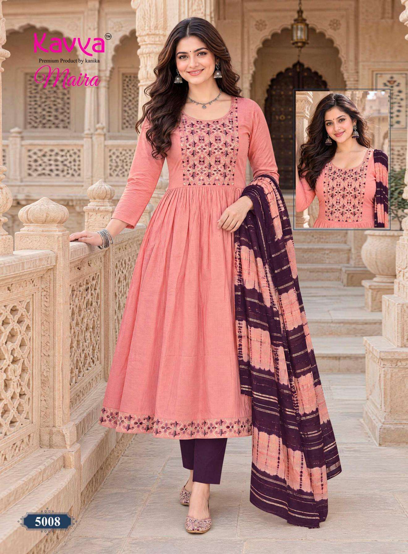MAIRA VOL-5 SERIES 5001 TO 5010 BY KAVYA DESIGNER EMBROIDERY WORK VATICAN ANARKALI KURTI WITH BOTTOM AND DUPATTA ARE AVAILABLE AT WHOLESALE PRICE