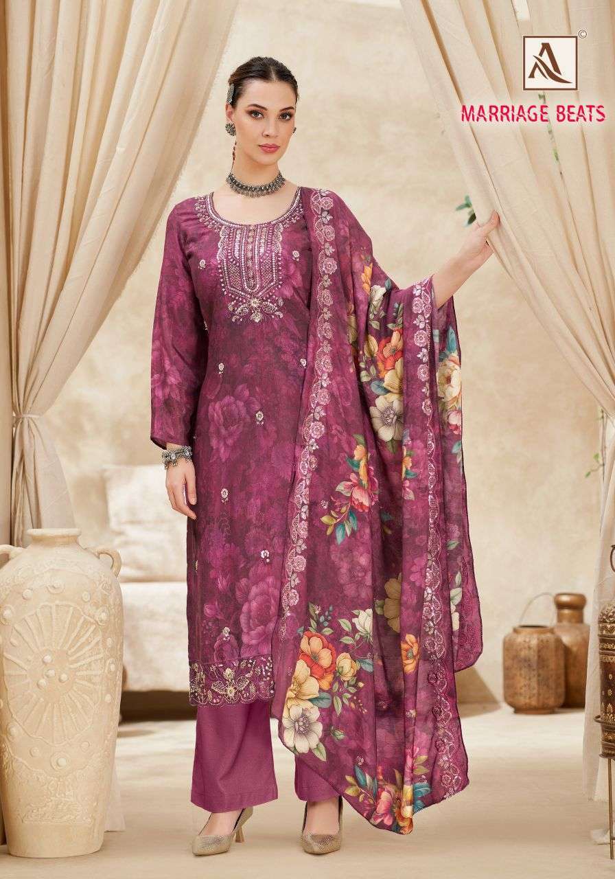 MARRIAGE BEATS SERIES 3115 BY ALOK SUITS DESIGNER DIGITAL PRINT AND BEADS WORK VISCOSE MUSLIN SUITS ARE AVAILABLE AT WHOLESALE PRICE