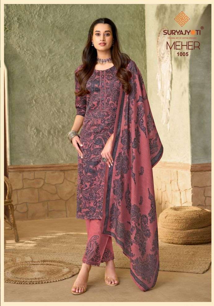 MEHER VOL-1 SERIES 1001 TO 1006 BY SURYAJYOTI DESIGNER DIGITAL PRINTED AND EMBROIDERY WORK JAM SATIN READYMADE SUITS ARE AVAILABLE AT WHOLESALE PRICE 