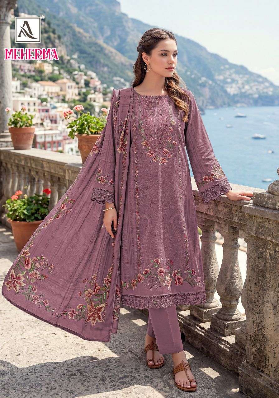 MEHERMA SERIES 1225 BY ALOK SUITS DESIGNER PRINTED AND EMBROIDERY WORK VISCOSE MUSLIN SUITS ARE AVAILABLE AT WHOLESALE PRICE