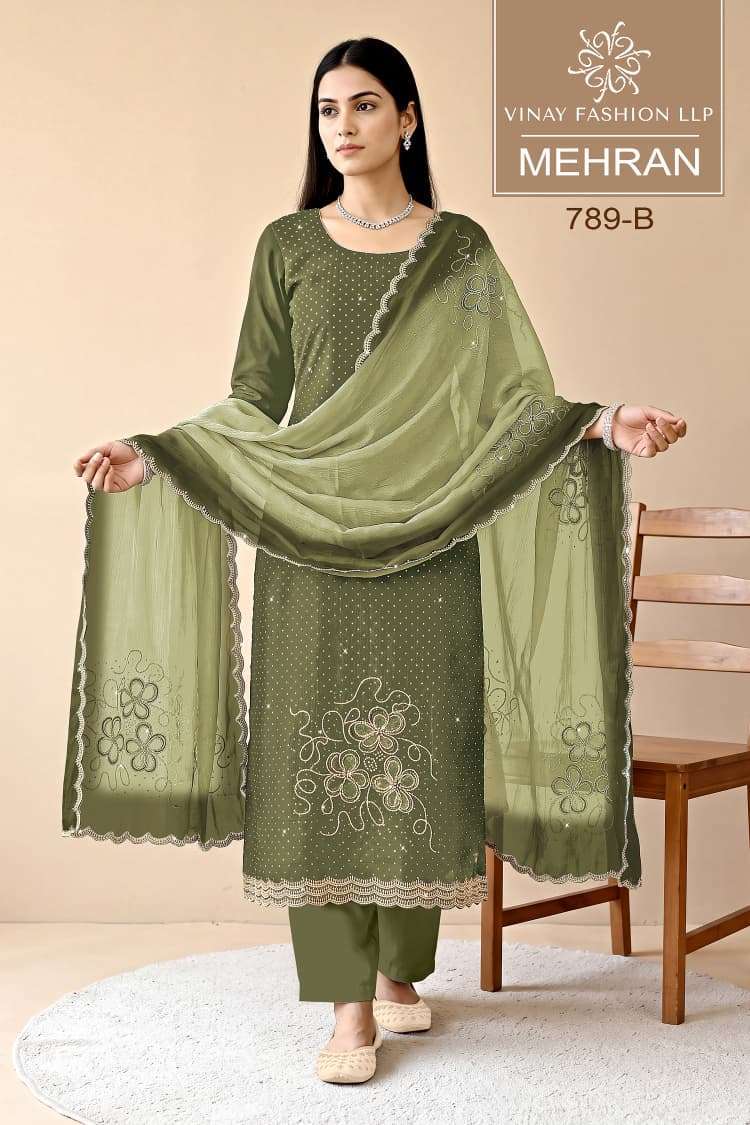 MEHRAN SERIES 789 BY VINAY DESIGNER FANCY WORK CRIKLE SUITS ARE AVAILABLE AT WHOLESALE PRICE
