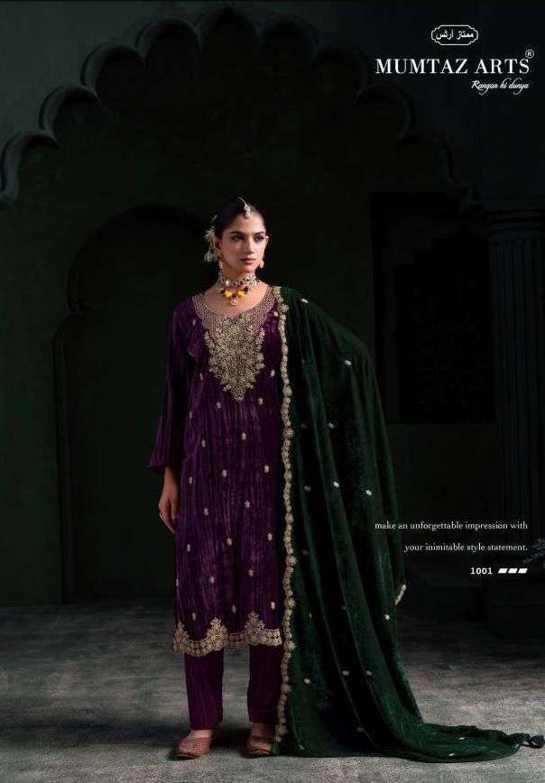 MEHROON SERIES 1001 TO 1005 BY MUMTAZ ARTS DESIGNER EMBROIDERY WORK CRUSH VELVET SUITS ARE AVAILABLE AT WHOLESALE PRICE