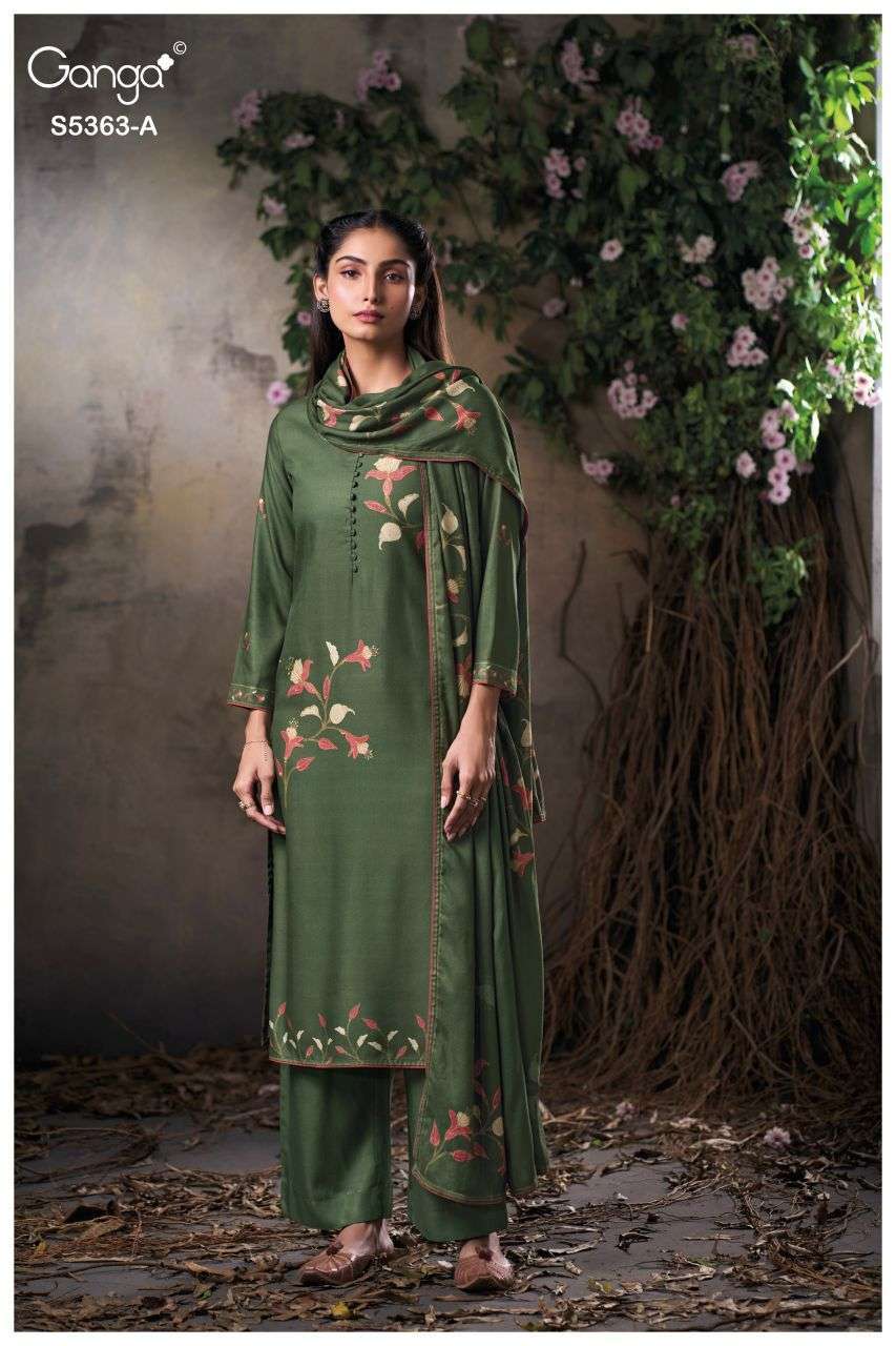 MIRVIE SERIES 5363 BY GANGA DESIGNER PRINTED AND HAND WORK WOOL PASHMINA SUITS ARE AVAILABLE AT WHOLESALE PRICE 
