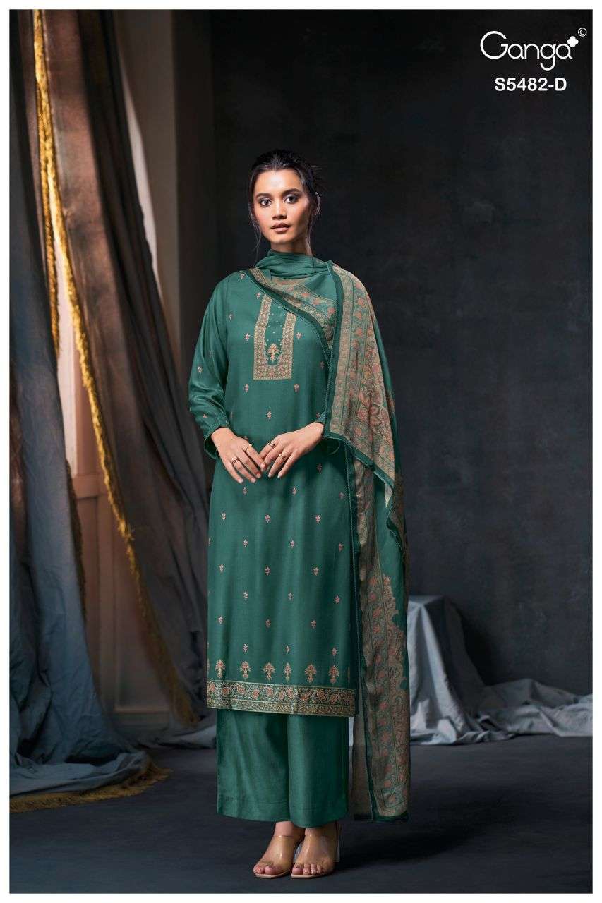 MOHINI SERIES 5482 BY GANGA DESIGNER PRINTED WITH SWAROVSKI WOOL PASHMINA SUITS ARE AVAILABLE AT WHOLESALE PRICE