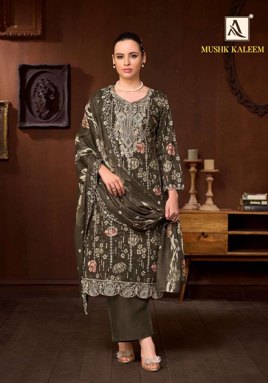 MUSHK KALEEM SERIES 3105 BY ALOK SUITS DESIGNER DISCHARGE PRINT AND EMBROIDERY WORK CAMBRIC COTTON SUITS ARE AVAILABLE AT WHOLESALE PRICE