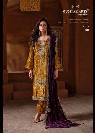 NAAZNEEN SERIES 1001 TO 1005 BY MUMTAZ ARTS DESIGNER EMBROIDERY WITH THREAD AND SEQUENCE WORK CRUSH VELVET SUITS ARE AVAILABLE AT WHOLESALE PRICE