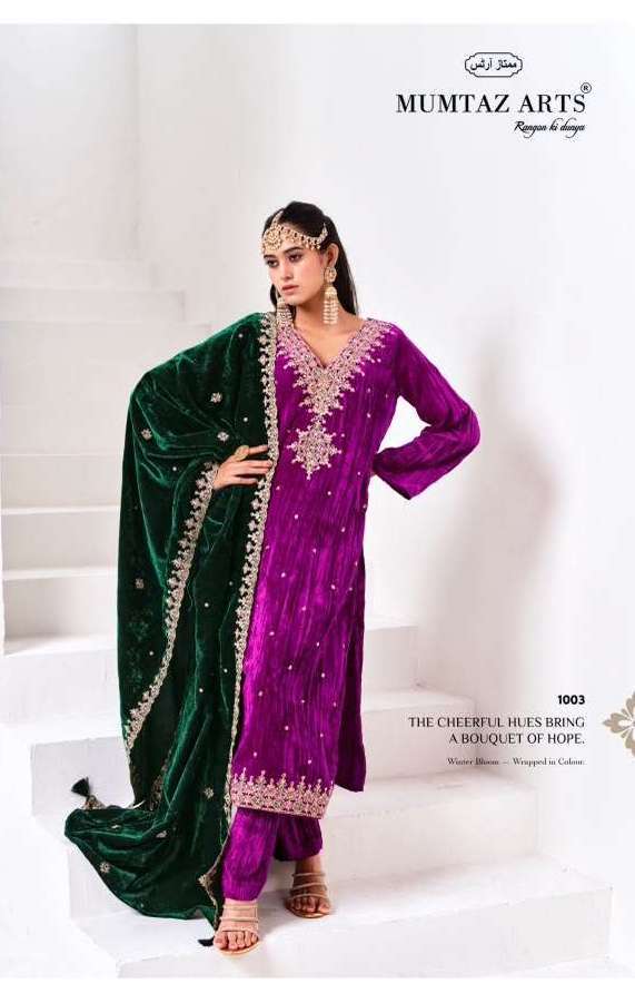 NAQSH SERIES 1001 TO 1006 BY MUMTAZ ARTS DESIGNER EMBROIDERY WORK CRUSH VELVET SUITS ARE AVAILABLE AT WHOLESALE PRICE