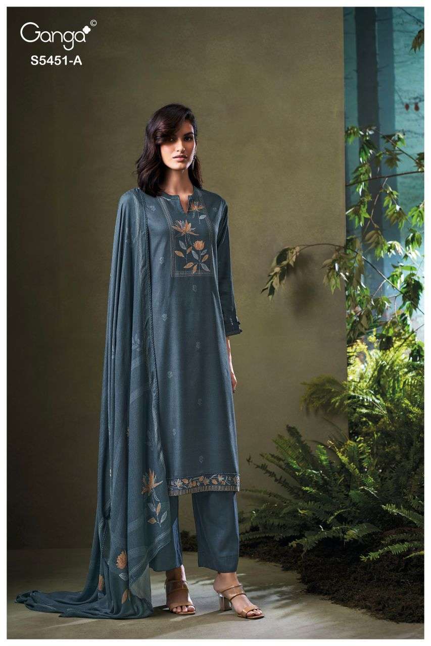 NASREEN SERIES 5451 BY GANGA DESIGNER PRINTED WITH SWAROVSKI WORK WOOL PASHMINA SUITS ARE AVAILABLE AT WHOLESALE PRICE 
