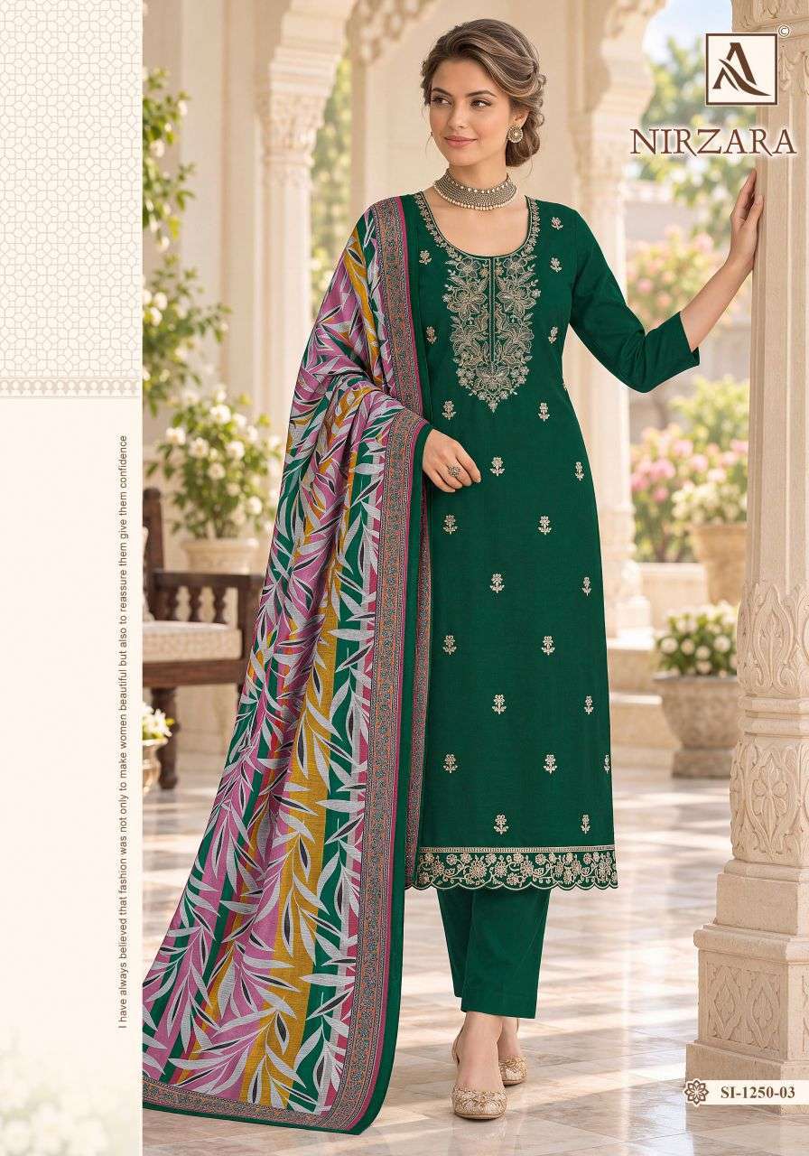 NIRZARA SERIES 1250 BY ALOK SUITS DESIGNER EMBROIDERY WORK JAM SUITS ARE AVAILABLE AT WHOLESALE PRICE