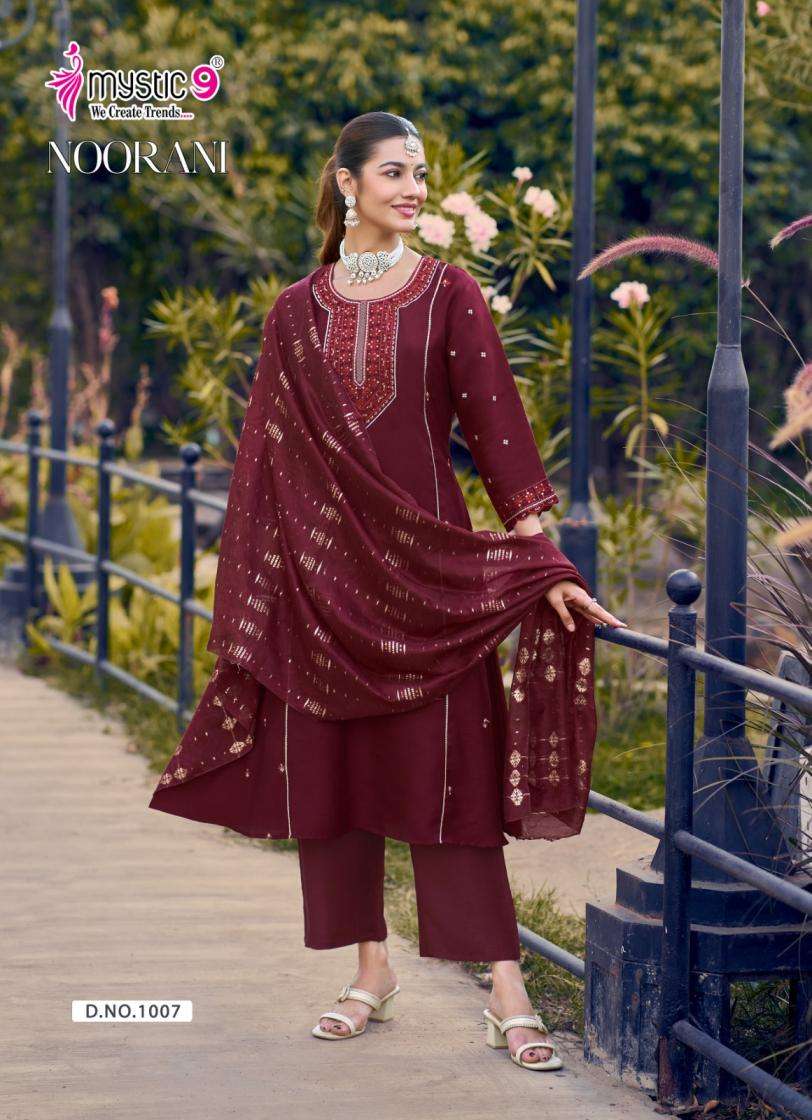 NOORANI SERIES 1001 TO 1008 BY MYSTIC 9 DESIGNER EMBROIDERY WORK SHINY SILK TOP WITH BOTTOM AND DUPATTA ARE AVAILABLE AT WHOLESALE PRICE