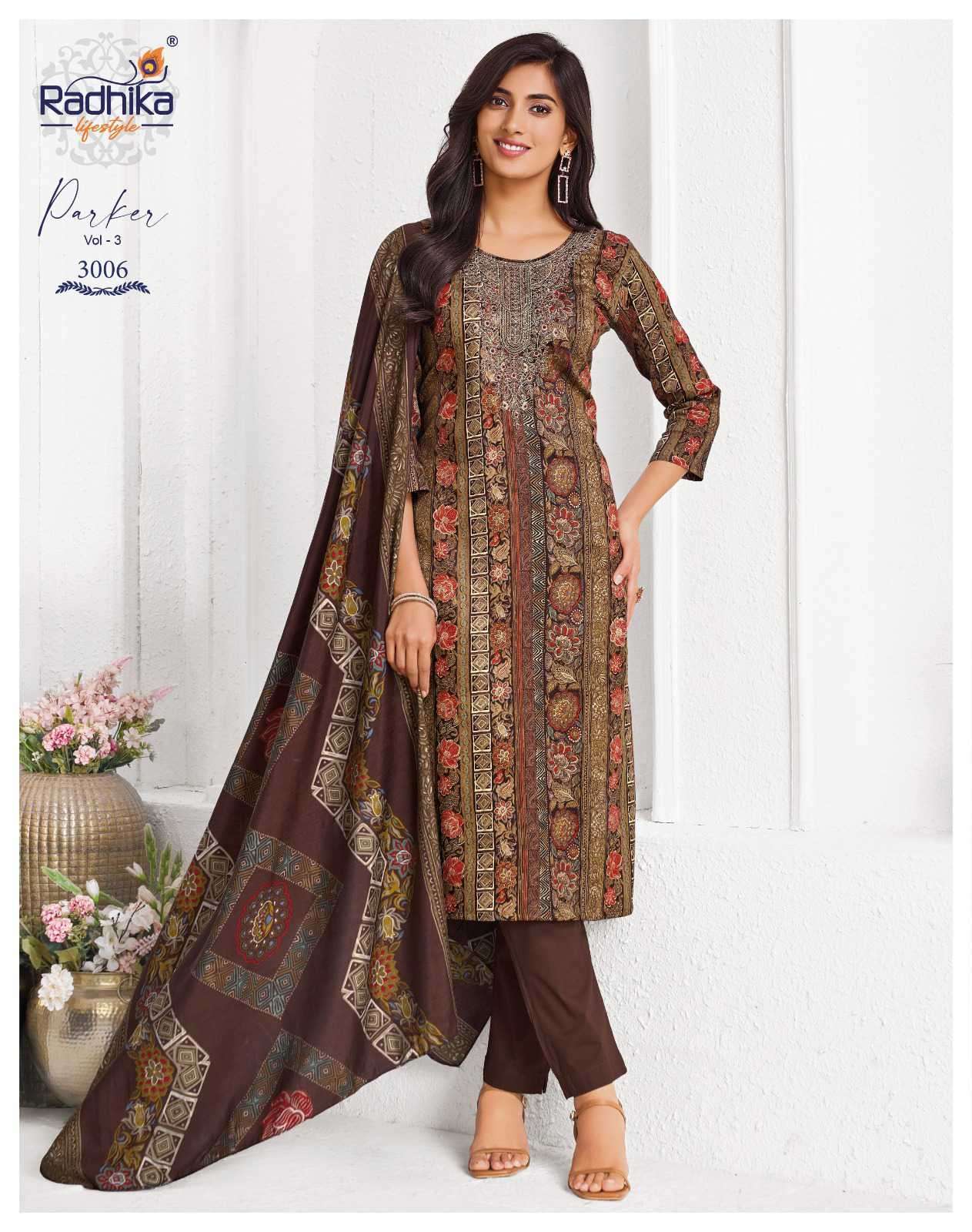 PARKER VOL-3 SERIES 3001 TO 3008 BY RADHIKA LIFESTYLE DESIGNER FOIL PRINT WITH HAND WORK AND EMBROIDERY WORK JAM KURTI WITH BOTTOM AND DUPATTA ARE AVAILABLE AT WHOLESALE PRICE