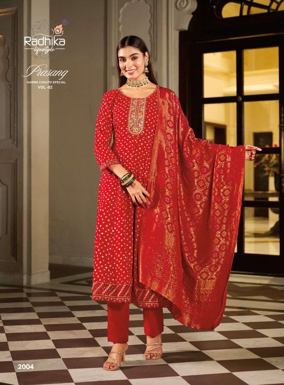 PRASANG VOL-2 SERIES 2001 TO 2006 BY RADHIKA LIFESTYLE DESIGNER FOIL PRINTED AND EMBROIDERY WORK RAYON KURTI WITH BOTTOM AND DUPATTA ARE AVAILABLE AT WHOLESALE PRICE 