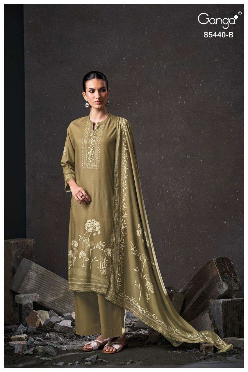 PREISNA SERIES 5440 BY GANGA DESIGNER PRINTED WITH HAND WORK AND SCHIFFLI EMBROIDERY WORK WOOL PASHMINA SUITS ARE AVAILABLE AT WHOLESALE PRICE