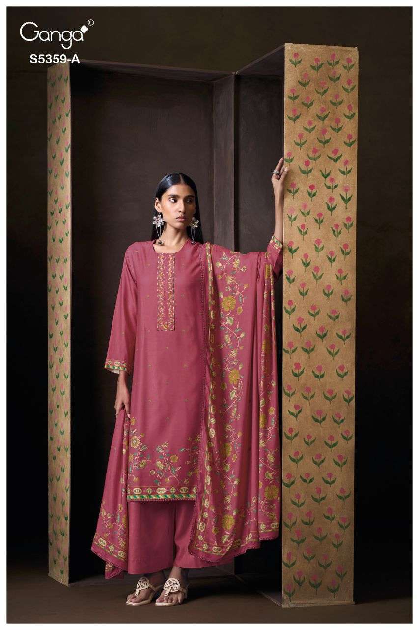 PRISHTHA SERIES 5359 BY GANGA DESIGNER PRINTED WITH HAND WORK AND SCHIFFLI EMBROIDERY WORK WOOL PASHMINA SUITS ARE AVAILABLE AT WHOLESALE PRICE