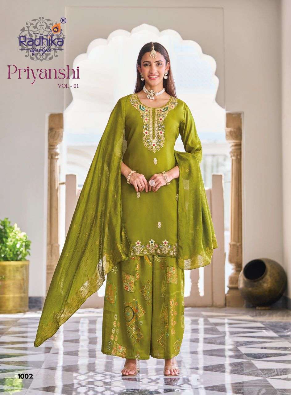 PRIYANSHI VOL-1 SERIES 1001 TO 1006 BY RADHIKA LIFETYLE DESIGNER BEADS WORK ROMAN GLASS SILK TOP WITH BOTTOM AND DUPATTA ARE AVAILABLE AT WHOLESALE PRICE