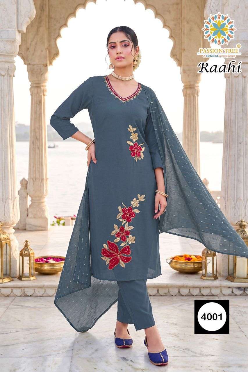 RAAHI VOL-4 SERIES 4001 TO 4006 BY PASSION TREE DESIGNER EMBROIDERY WORK ROMAN SILK KURTI WITH BOTTOM AND DUPATTA ARE AVAILABLE AT WHOLESALE PRICE