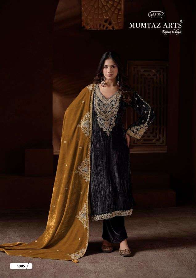 RAAZ SERIES 1001 TO 1005 BY MUMTAZ ARTS DESIGNER EMBROIDERY WORK CRUSH VELVET SUITS ARE AVAILABLE AT WHOLESALE PRICE 