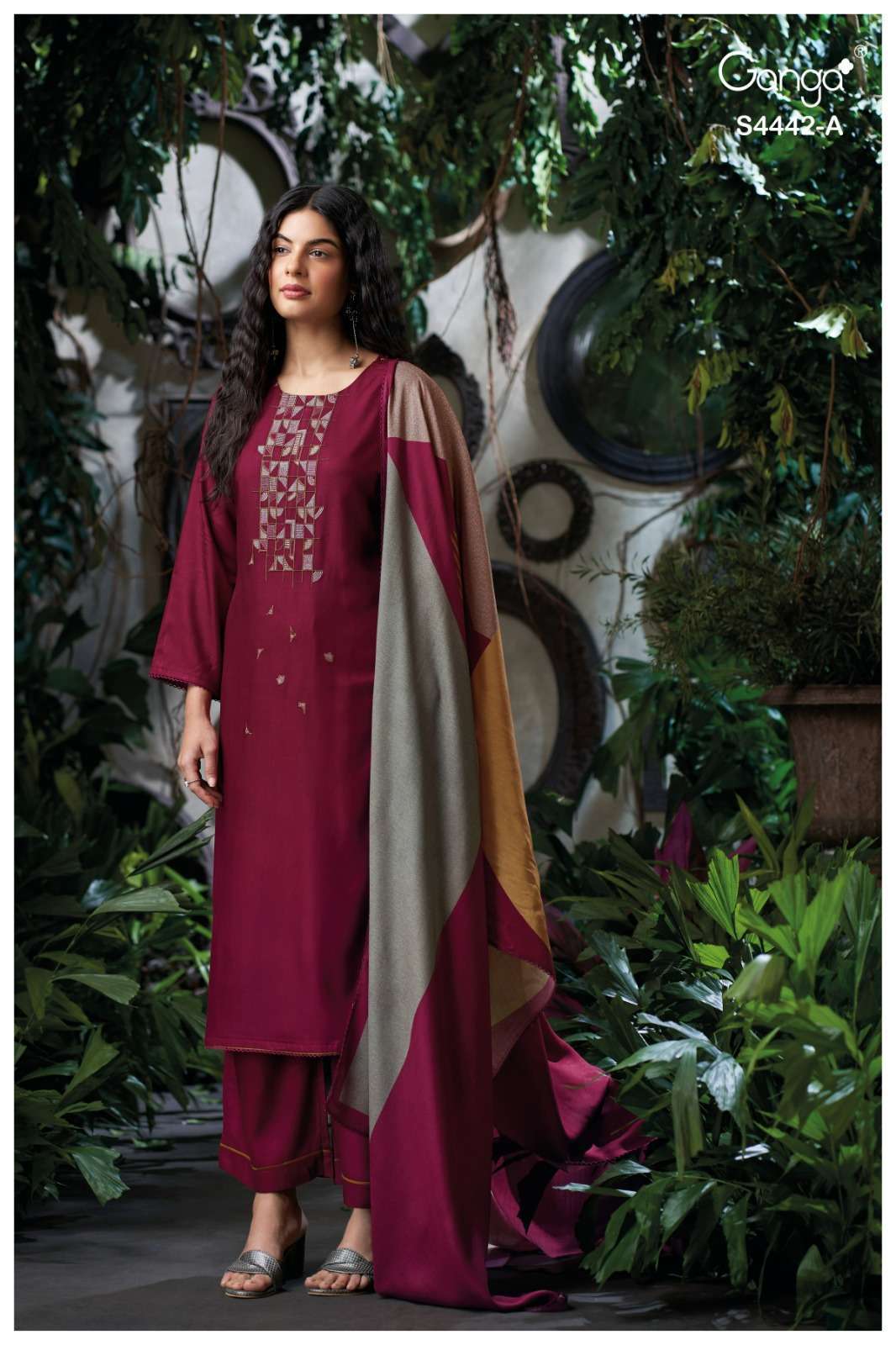 REVIA SERIES 4442 BY GANGA DESIGNER PRINTED WITH EMBROIDERY WORK COTTON SATIN SUITS ARE AVAILABLE AT WHOLESALE PRICE