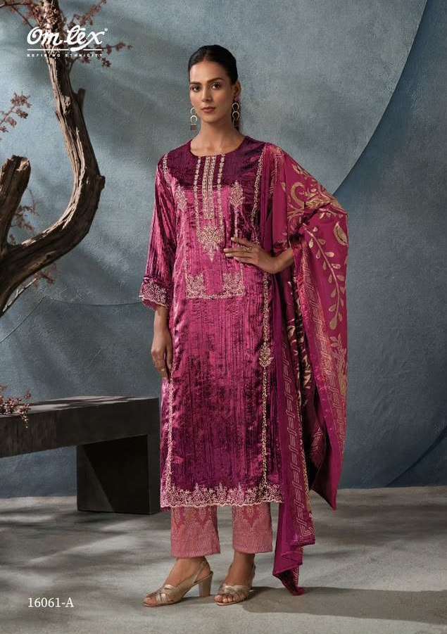 RITHA CRUSH VOL-42 SERIES 16061 BY OMTEX DESIGNER EMBROIDERY WORK VELVET CRUSH SUITS ARE AVAILABLE AT WHOLESALE PRICE