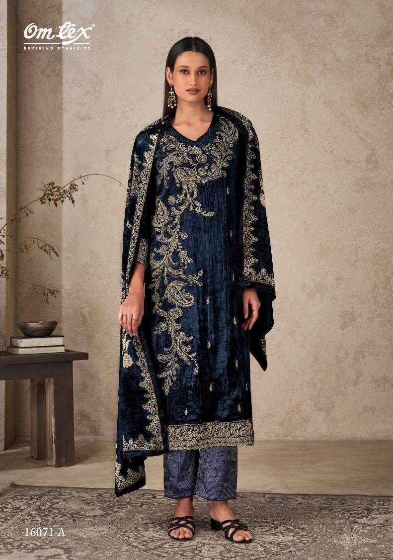RITHA CRUSH VOL-43 SERIES 16071 BY OMTEX DESIGNER EMBROIDERY WORK VELVET CRUSH SUITS ARE AVAILABLE AT WHOLESALE PRICE