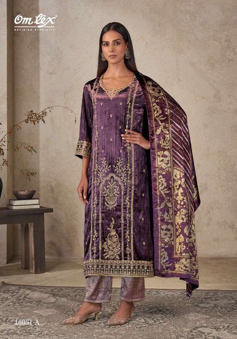 RITHA CRUSH VOL-44 SERIES 16051 BY OMTEX DESIGNER EMBROIDERY WORK VELVET CRUSH SUITS ARE AVAILABLE AT WHOLESALE PRICE
