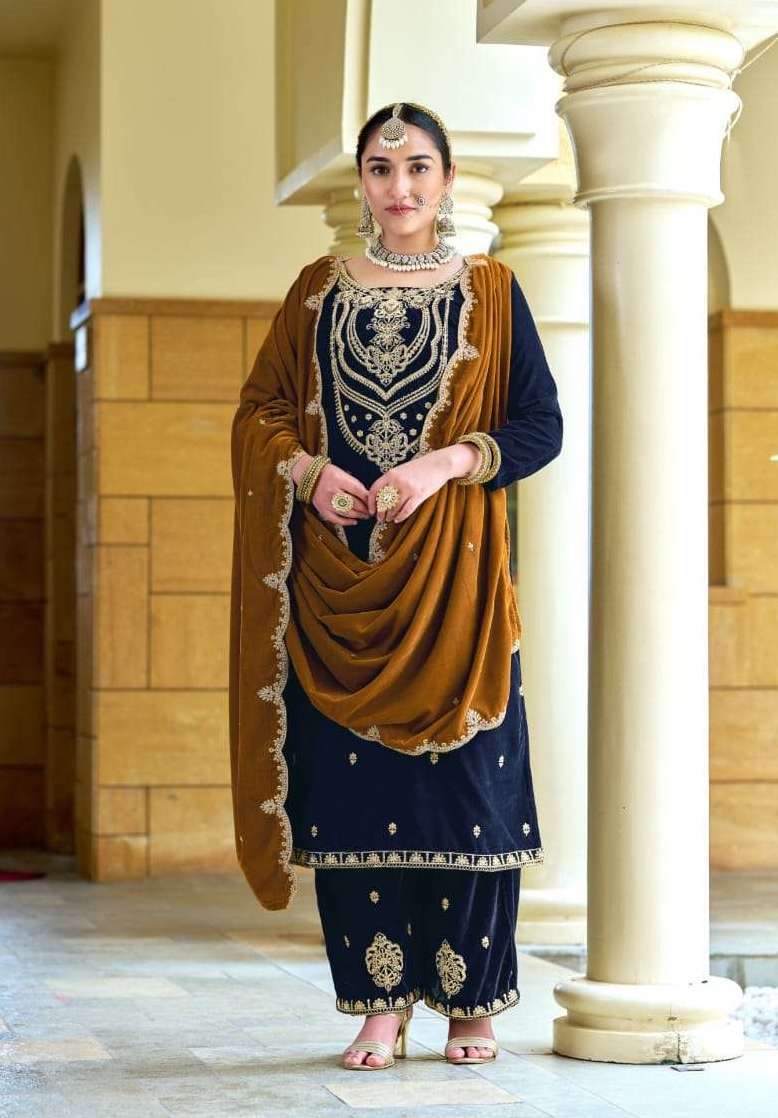 RIWAAZ VOL-2 SERIES 1013 TO 1018 BY LEVISHA DESIGNER EMBROIDERY WORK 9000 VELVET SUITS ARE AVAILABLE AT WHOLESALE PRICE