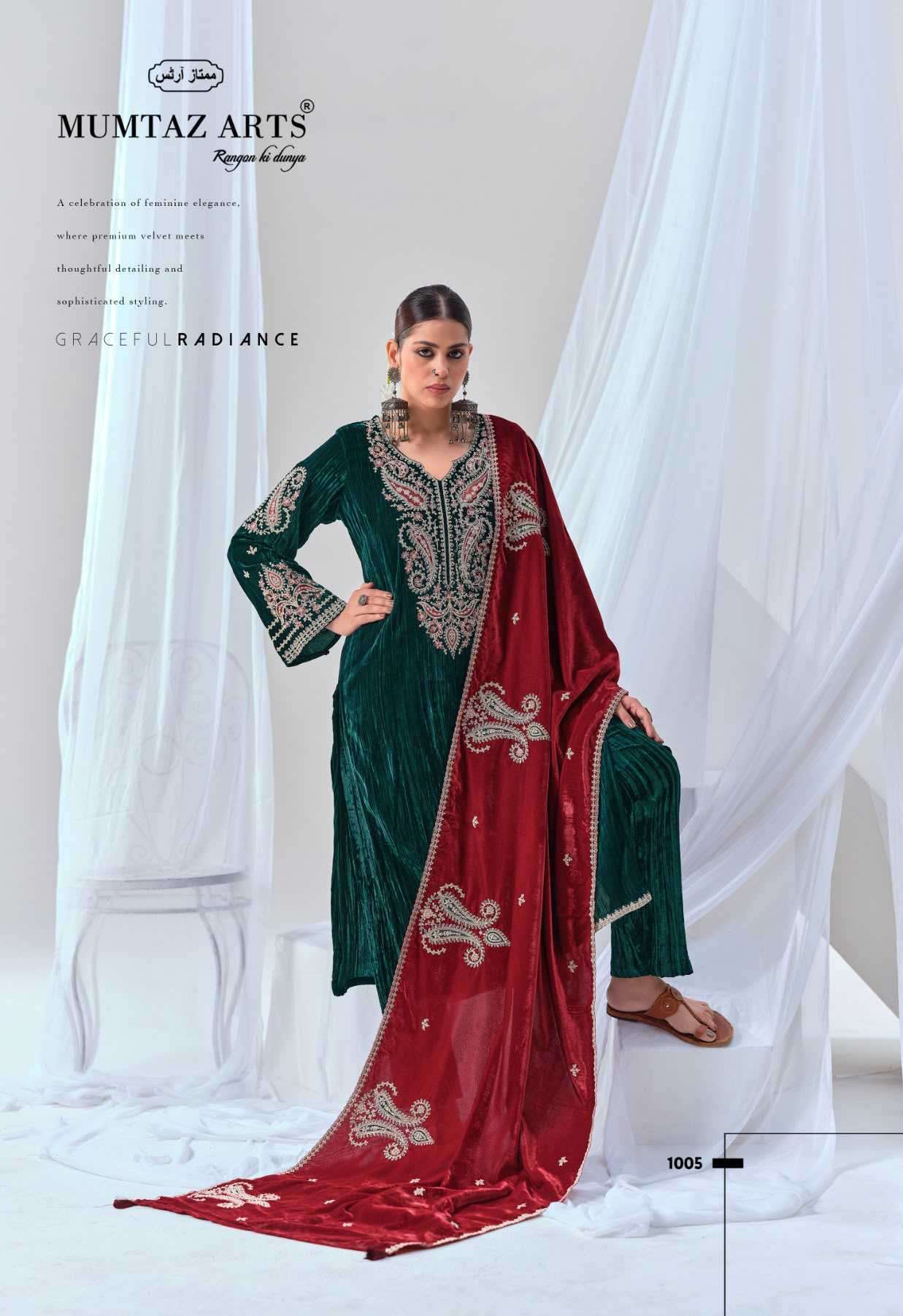 RIWAYAT SERIES 1001 TO 1006 BY MUMTAZ ARTS DESIGNER EMBROIDERY WORK CRUSH VELVET SUITS ARE AVAILABLE AT WHOLESALE PRICE