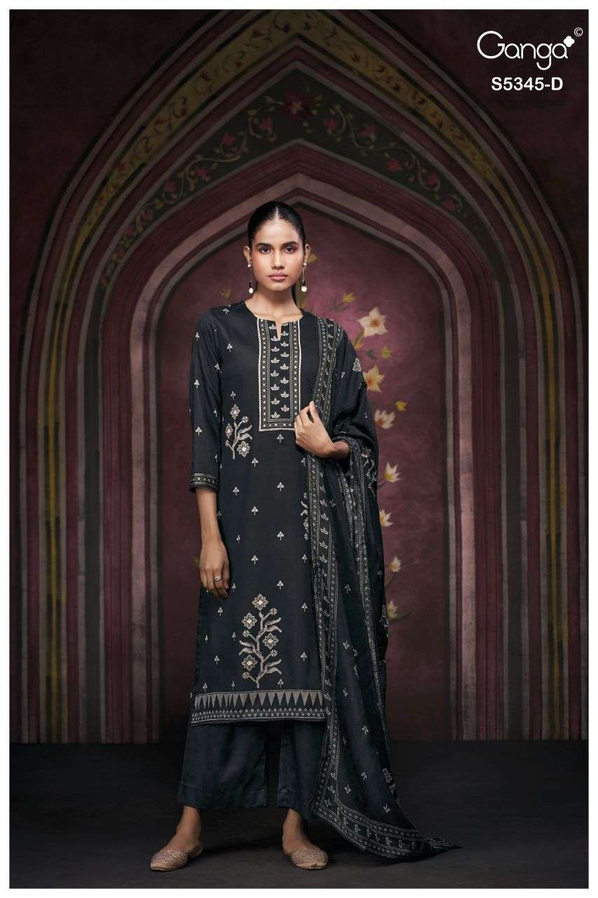 ROSCOE SERIES 5345 BY GANGA DESIGNER PRINTED WITH HAND WORK AND HAND EMBROIDERY WORK WOOL PASHMINA SUITS ARE AVAILABLE AT WHOLESALE PRICE