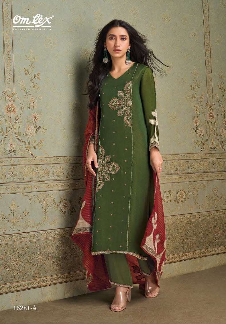 ROSELLE SERIES 16281 BY OMTEX DESIGNER EMBROIDERY AND HAND WORK SATIN TISSUE SILK SUITS ARE AVAILABLE AT WHOLESALE PRICE
