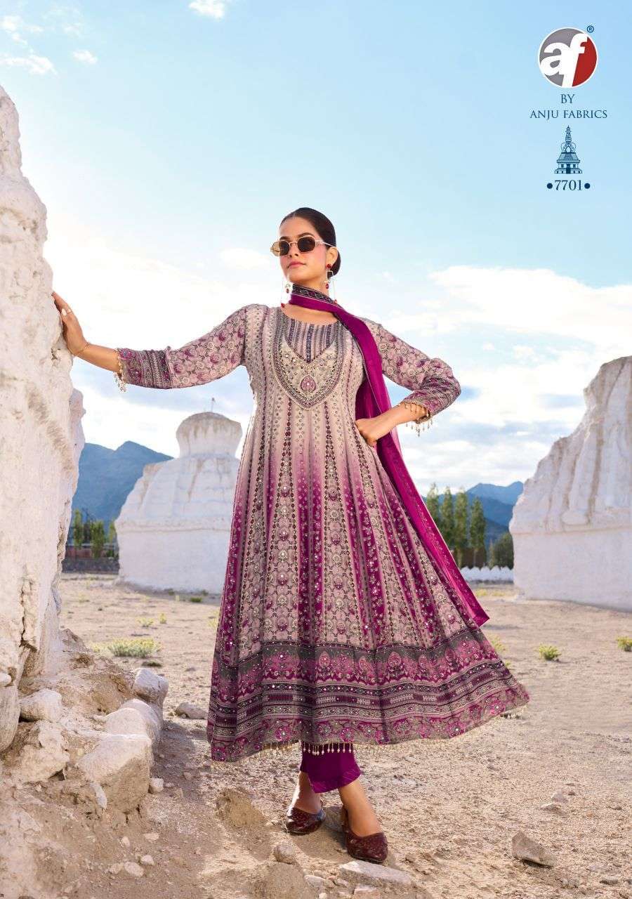 ROYAL TOUCH SERIES 7701 TO 7704 BY ANJU FABRICS DESIGNER STONE WORK ANARKALI NATURAL CREPE TOP WITH BOTTOM AND DUPATTA ARE AVAILABLE AT WHOLESALE PRICE
