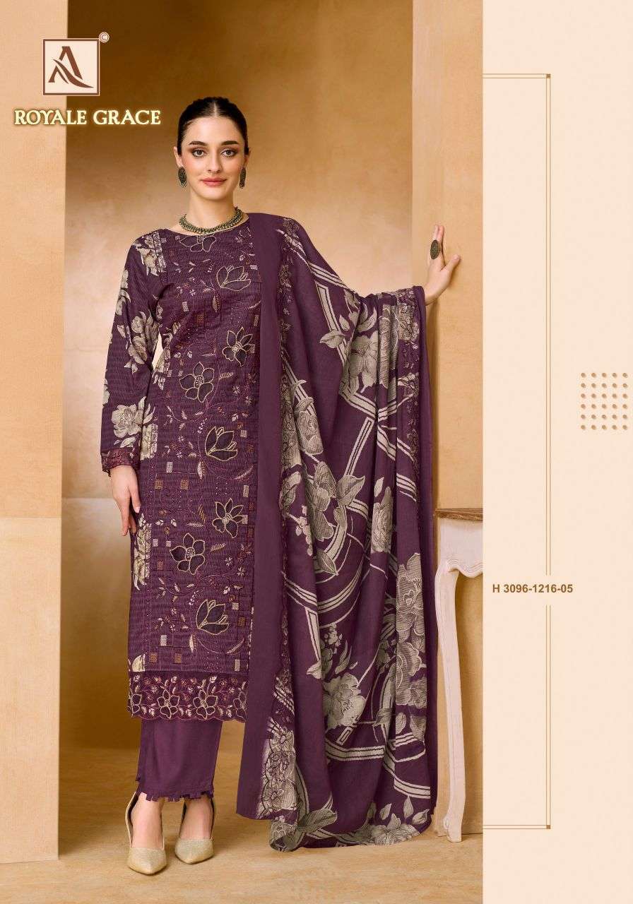 ROYALE GRACE SERIES 3096 BY ALOK SUITS DESIGNER PRINTED AND APLIC WORK CAMBRIC COTTON SUITS ARE AVAILABLE AT WHOLESALE PRICE