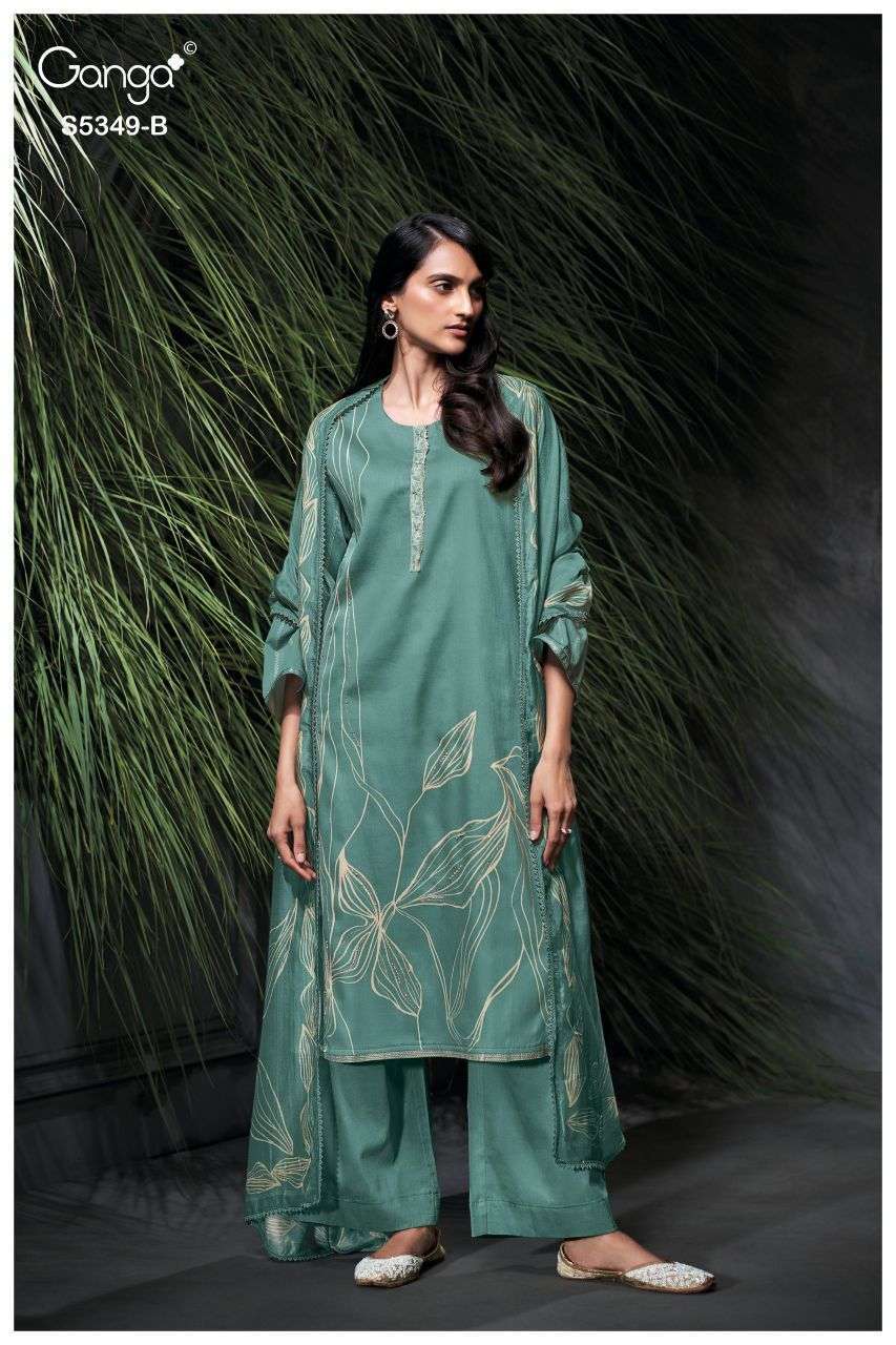 RUHNA SERIES 5349 BY GANGA DESIGNER PRINTED WITH HAND EMBROIDERY AND HAND WORK WOOL PASHMINA SUITS ARE AVAILABLE AT WHOLESALE PRICE