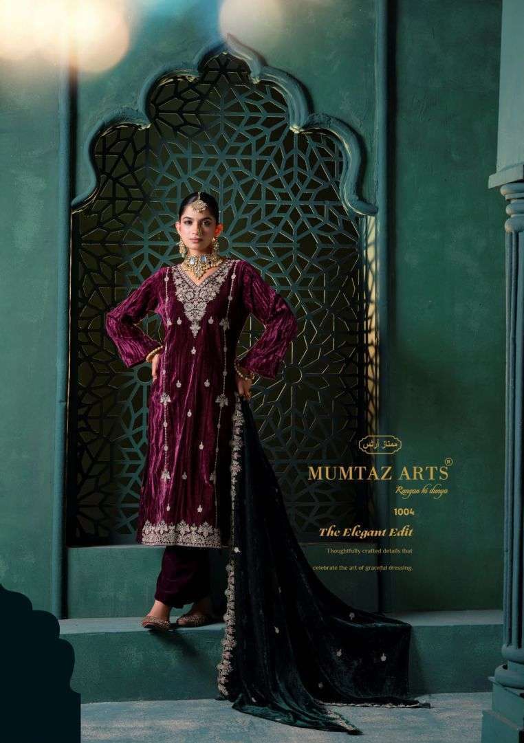 RUKSHAR SERIES 1001 TO 1005 BY MUMTAZ ARTS DESIGNER EMBROIDERY WORK CRUSH VELVET SUITS ARE AVAILABLE AT WHOLESALE PRICE