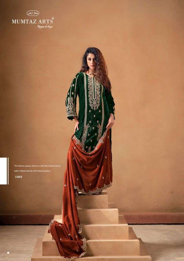 SAANJH SERIES 1001 TO 1006 BY MUMTAZ ARTS DESIGNER EMBROIDERY WORK VELVET SUITS ARE AVAILABLE AT WHOLESALE PRICE