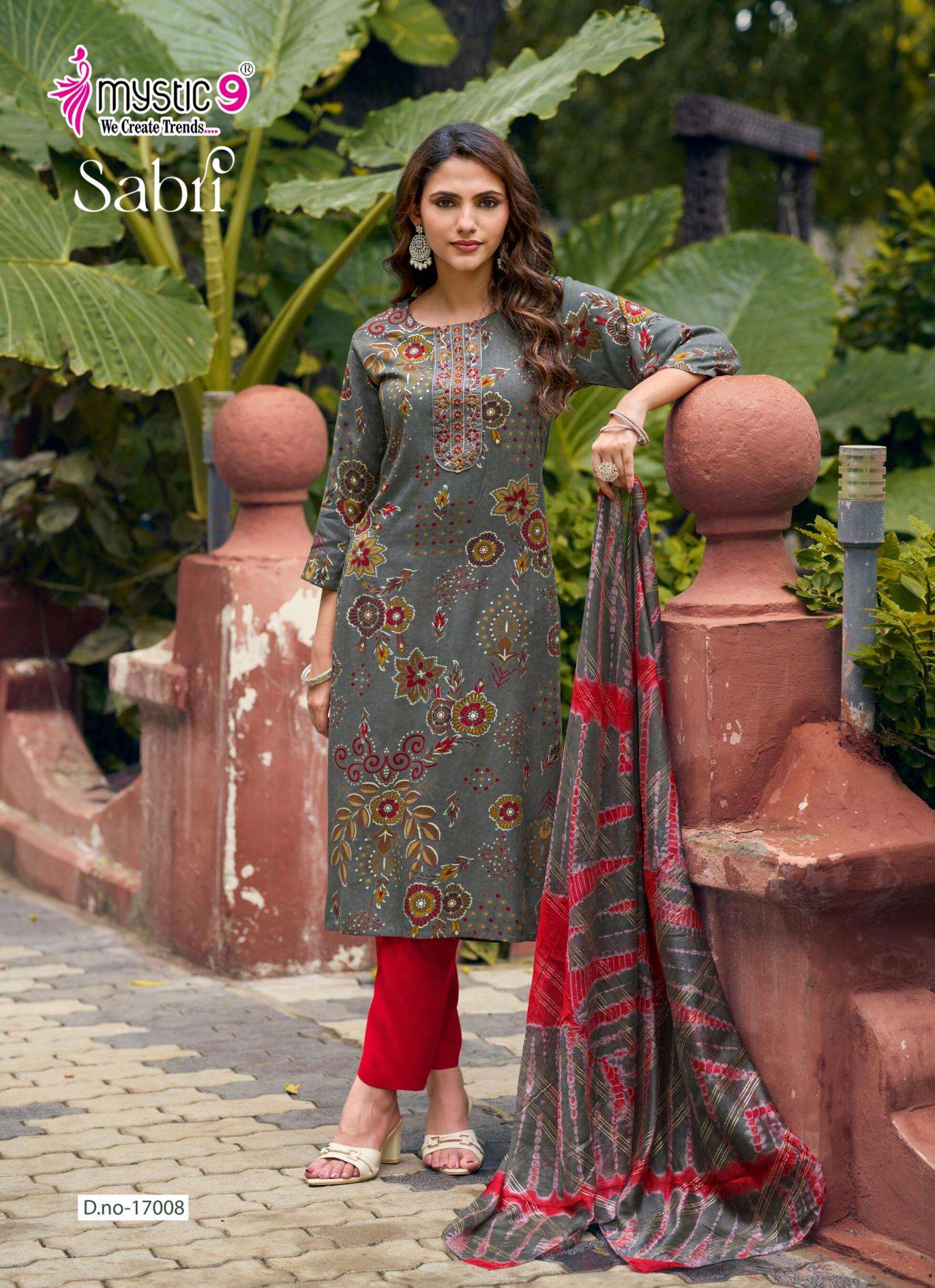 SABRI VOL-17 SERIES 17001 TO 17008 BY MYSTIC 9 DESIGNER FOIL PRINTED AND WORK RAYON KURTI WITH BOTTOM AND DUPATTA ARE AVAILABLE AT WHOLESALE PRICE