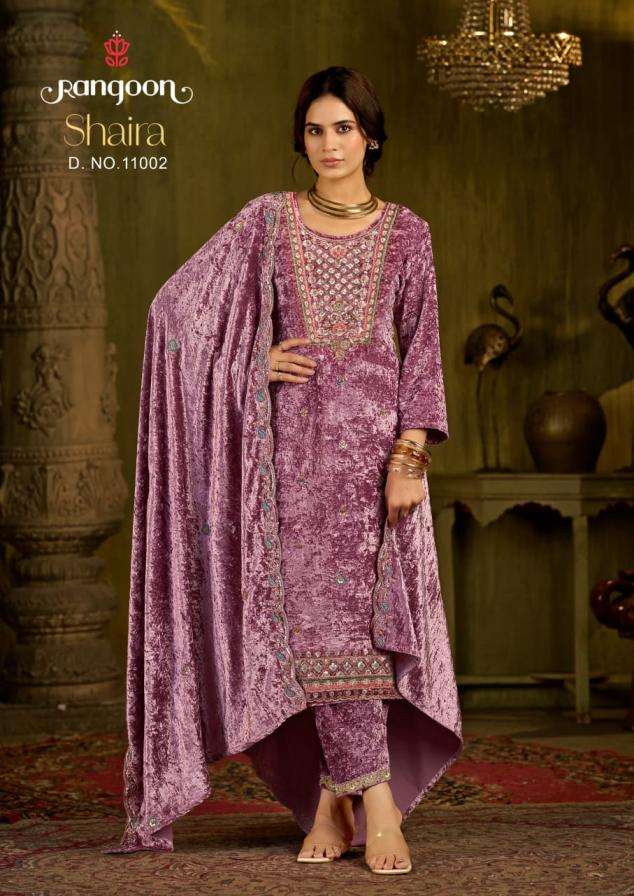 SAHIRA SERIES 11001 TO 11004 BY RANGOON DESIGNER BEADS WORK MAKHMAL VELVET READYMADE SUITS ARE AVAILABLE AT WHOLESALE PRICE