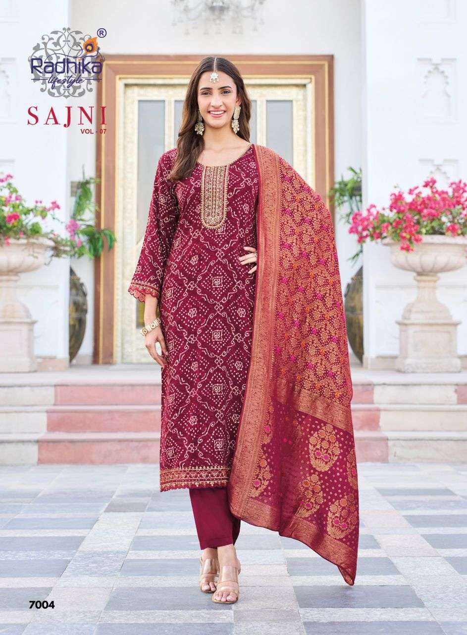 SAJNI VOL-7 SERIES 7001 TO 7008 BY RADHIKA LIFESTYLE DESIGNER FOIL PRINTED AND EMBROIDERY WORK RAYON KURTI WITH BOTTOM AND DUPATTA ARE AVAILABLE AT WHOLESALE PRICE