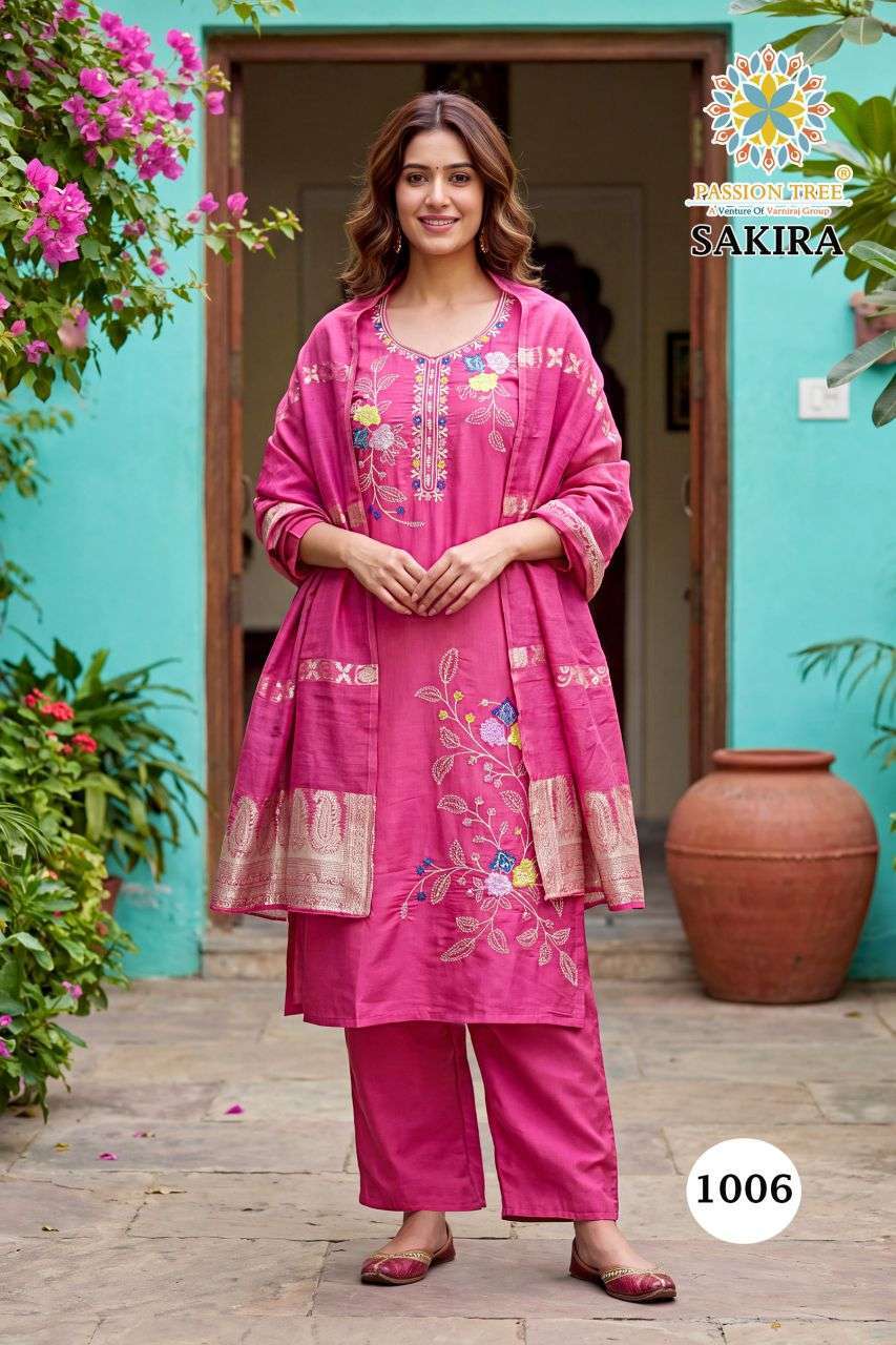 SAKIRA VOL-1 SERIES 1001 TO 1006 BY PASSION TREE DESIGNER BEADS EMBROIDERY WORK ROMAN SILK TOP WITH BOTTOM AND DUPATTA ARE AVAILABLE AT WHOLESALE PRICE