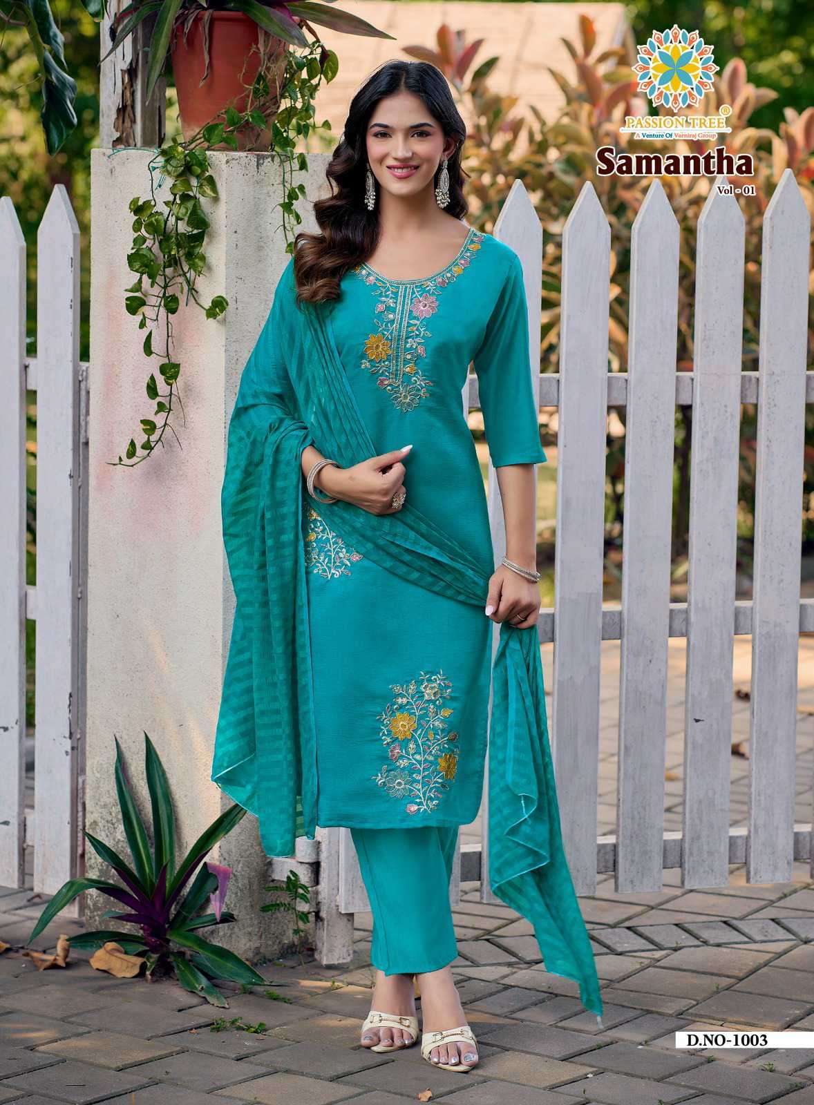 SAMANTHA VOL-1 SERIES 1001 TO 1006 BY PASSION TREE DESIGNER BEADS EMBROIDERY WORK ROMAN SILK TOP WITH BOTTOM AND DUPATTA ARE AVAILABLE AT WHOLESALE PRICE