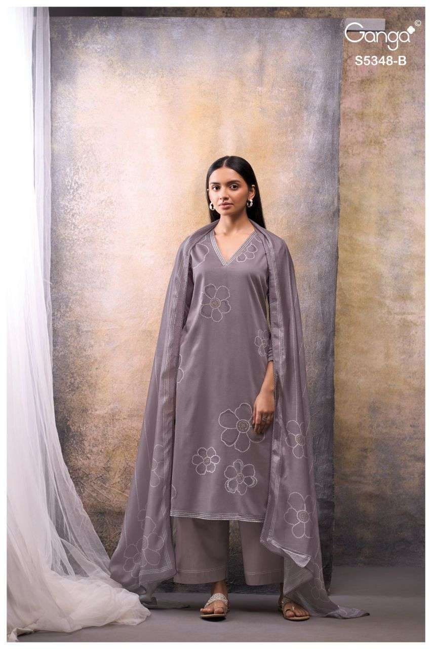 SANDRINE SERIES 5348 BY GANGA DESIGNER PRINTED WITH HAND WORK AND HAND EMBROIDERY WORK WOOL PASHMINA SUITS ARE AVAILABLE AT WHOLESALE PRICE