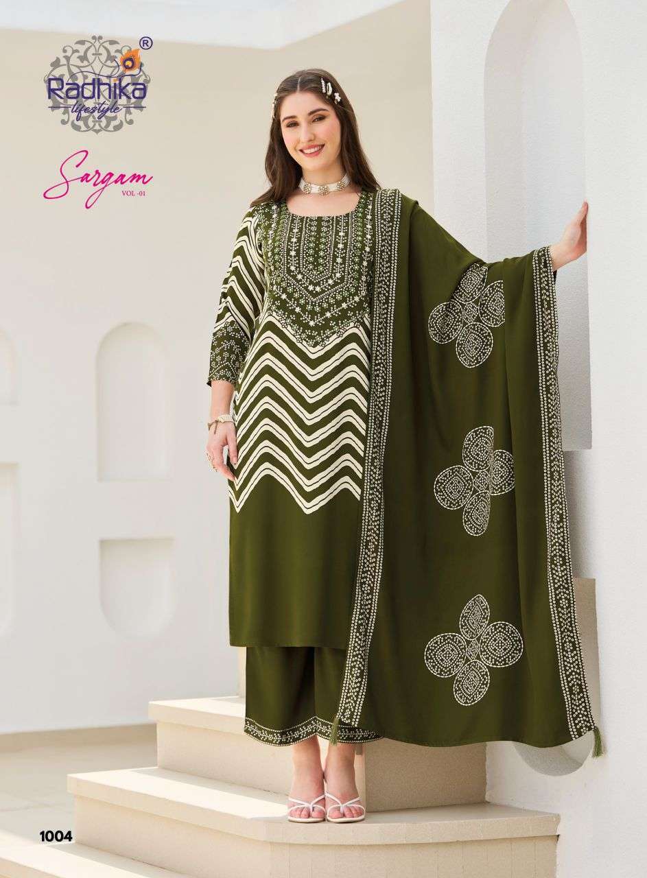 SARGAM VOL-1 SERIES 1001 TO 1008 BY RADHIKA LIFESTYLE DESIGNER HAND WORK GAJI SILK TOP WITH BOTTOM AND DUPATTA ARE AVAILABLE AT WHOLESALE PRICE