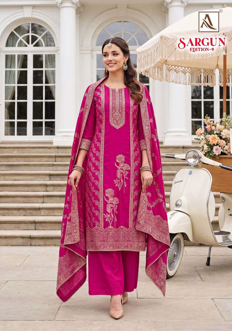 SARGUN EDITION-9 SERIES 1233 BY ALOK SUITS DESIGNER HAND WORK VISCOSE MUSLIN JACQUARD SUITS ARE AVAILABLE AT WHOLESALE PRICE
