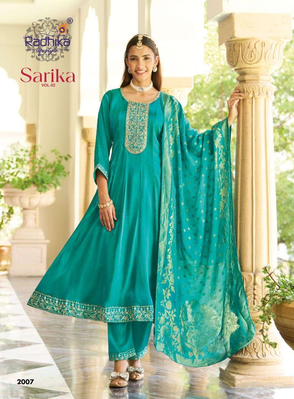 SARIKA VOL-2 SERIES 2001 TO 2007 BY RADHIKA LIFESTYLE DESIGNER EMBROIDERY WORK ROMAN GLASS SILK TOP WITH BOTTOM AND DUPATTA ARE AVAILABLE AT WHOLESALE PRICE